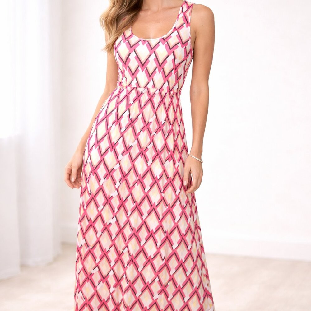 NEWBURY KUSTOM Women Pink Geometric Print Sleeveless Maxi Dress Size Medium